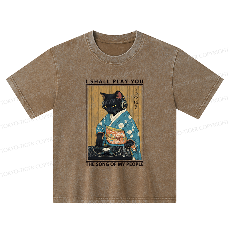 Tokyo-Tiger Funny Playing Music Black Cat Kids Washed T-Shirt