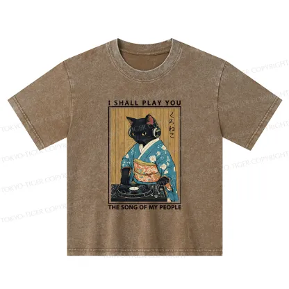 Tokyo-Tiger Funny Playing Music Black Cat Kids Washed T-Shirt