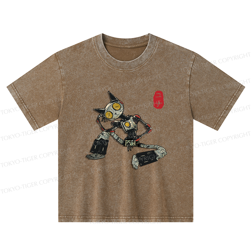 Tokyo-Tiger Contemplative Robot Cat Kids Washed T-Shirt