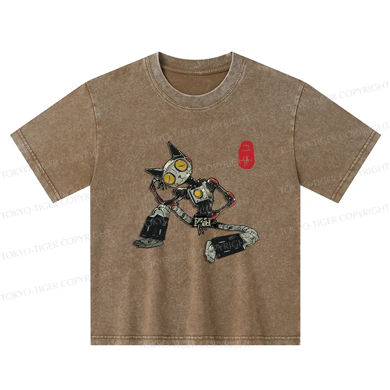 Tokyo-Tiger Contemplative Robot Cat Kids Washed T-Shirt