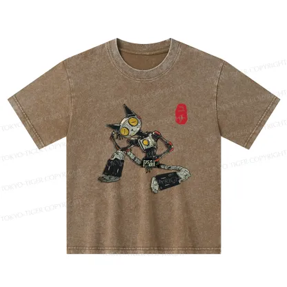 Tokyo-Tiger Contemplative Robot Cat Kids Washed T-Shirt