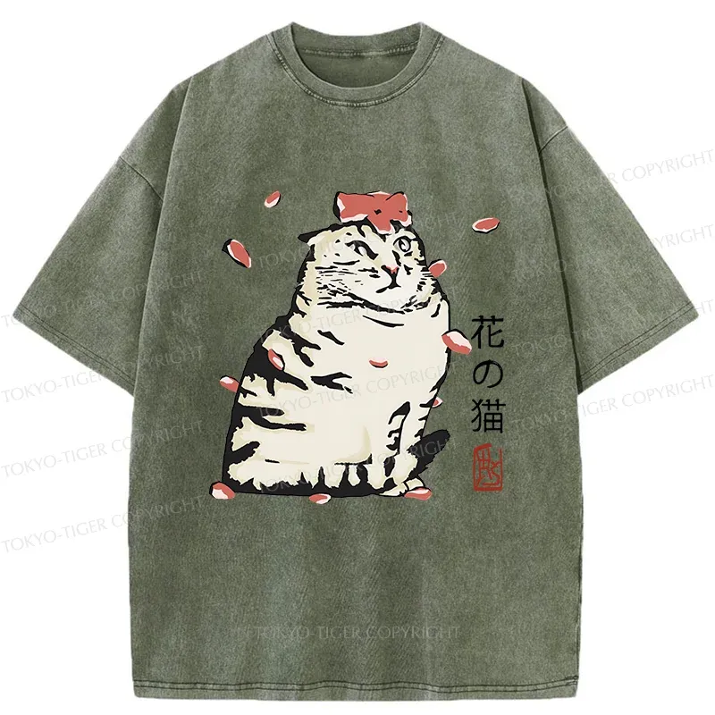 Tokyo-Tiger Cat And Sakura Washed T-Shirt
