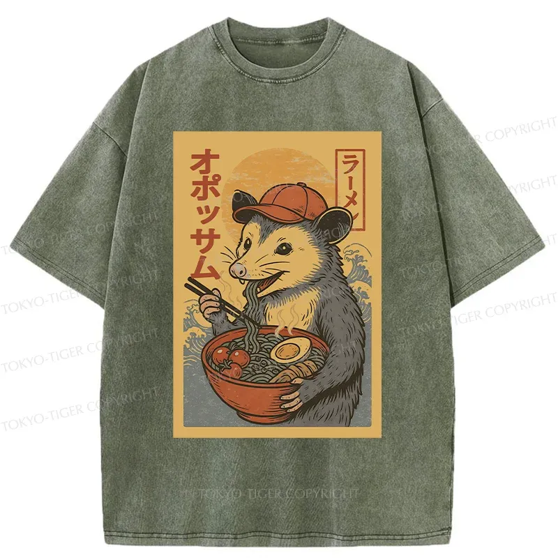 Tokyo-Tiger Opossum Eat Ramen Washed T-Shirt