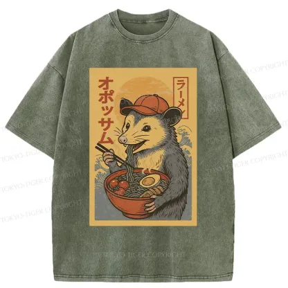 Tokyo-Tiger Opossum Eat Ramen Washed T-Shirt