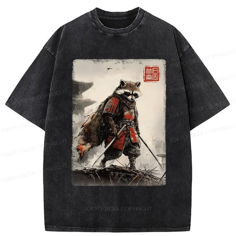 Tokyo-Tiger Retro Raccoon Samurai Washed T-Shirt