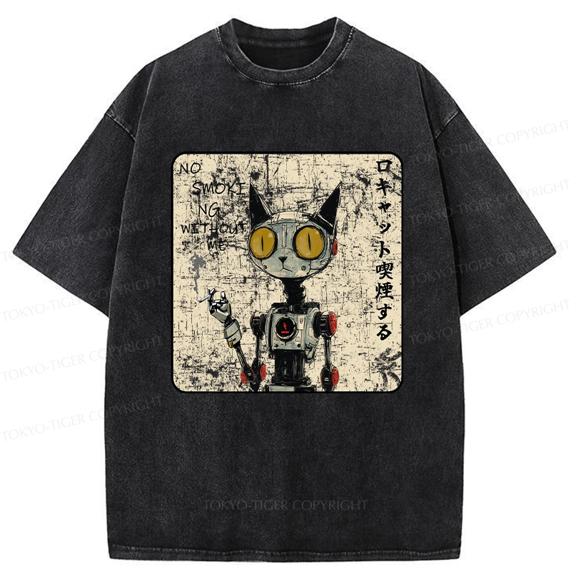 Tokyo-Tiger Smoking Robot Cat Washed T-Shirt
