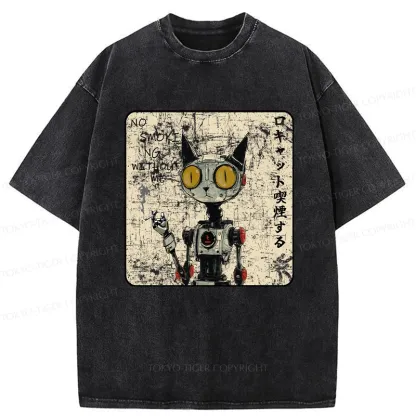 Tokyo-Tiger Smoking Robot Cat Washed T-Shirt