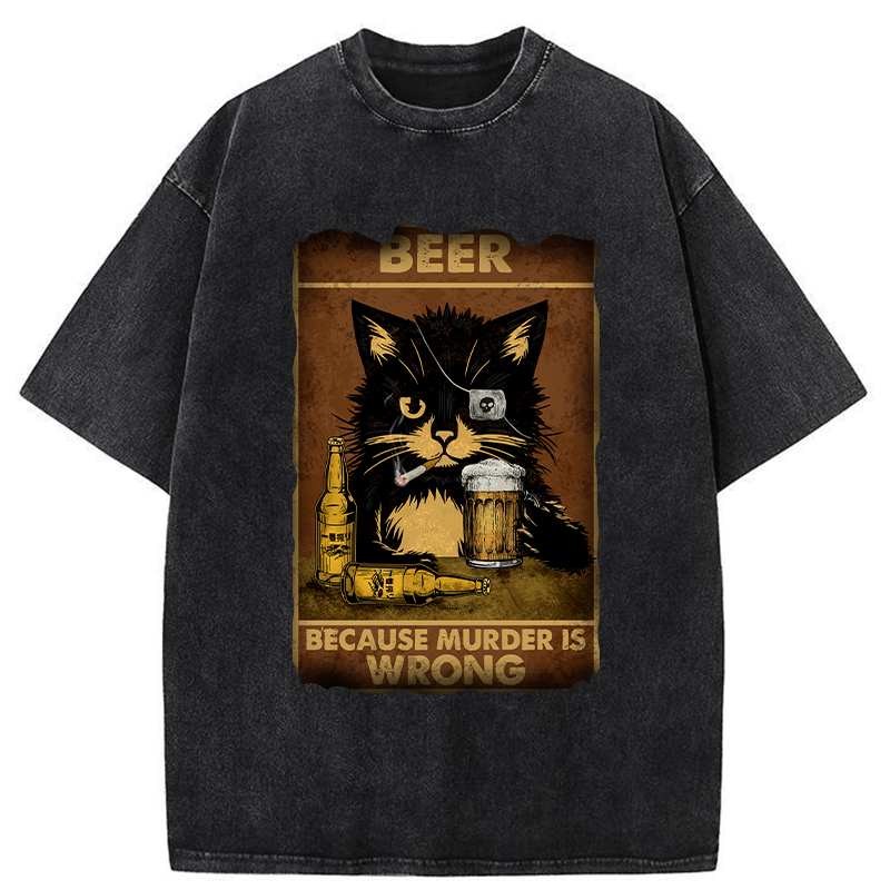 Tokyo-Tiger Black Cat Drinking Beer Washed T-Shirt