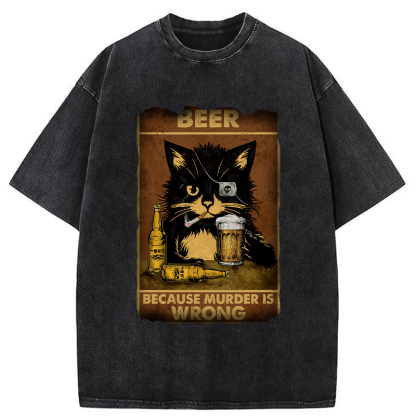 Tokyo-Tiger Black Cat Drinking Beer Washed T-Shirt
