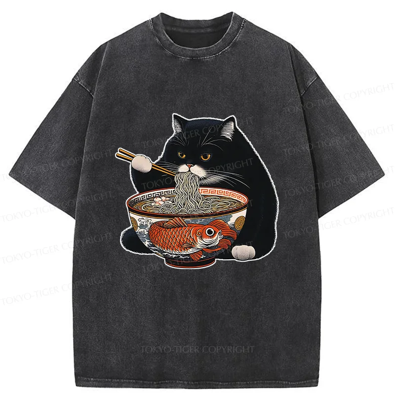 Tokyo-Tiger Fat Cat Eating Ramen Washed T-Shirt