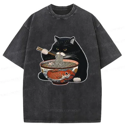 Tokyo-Tiger Fat Cat Eating Ramen Washed T-Shirt