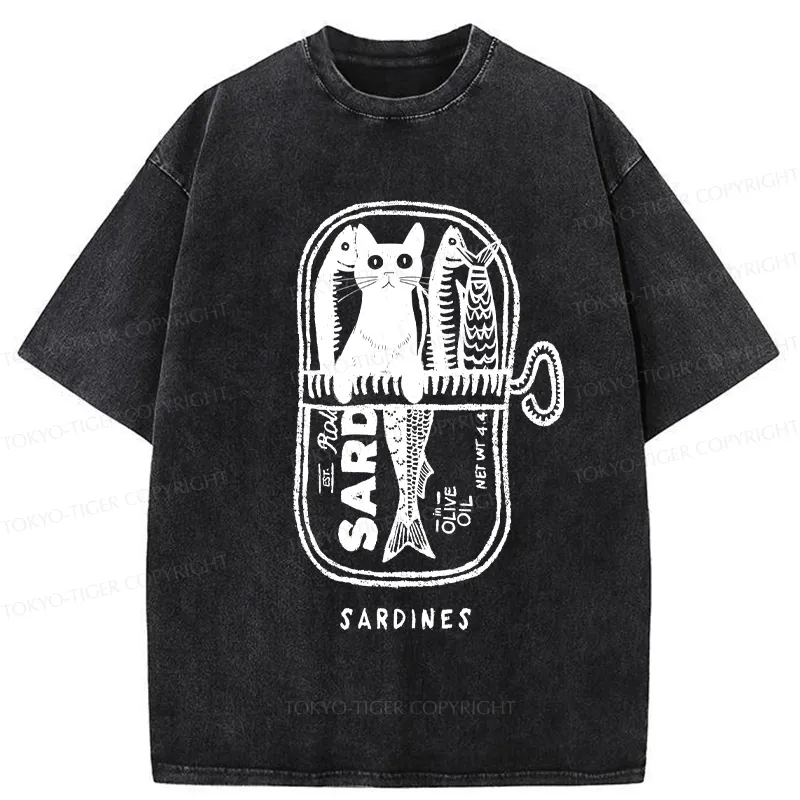 Tokyo-Tiger Cat Hiding In A Sardine Can Washed T-Shirt