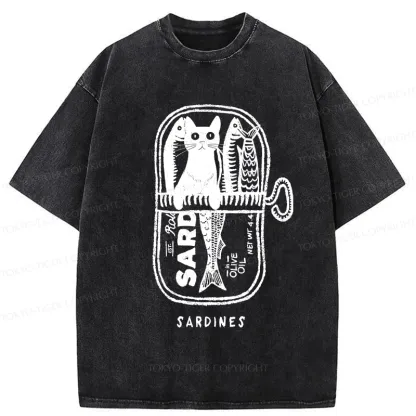 Tokyo-Tiger Cat Hiding In A Sardine Can Washed T-Shirt