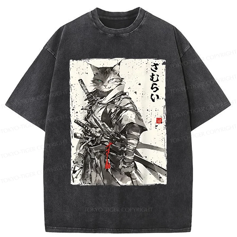 Tokyo-Tiger Retro Cat Samurai Washed T-Shirt