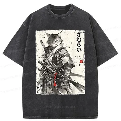Tokyo-Tiger Retro Cat Samurai Washed T-Shirt