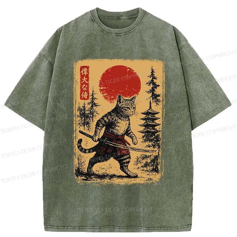 Tokyo-Tiger Stray Cat Samurai Washed T-Shirt
