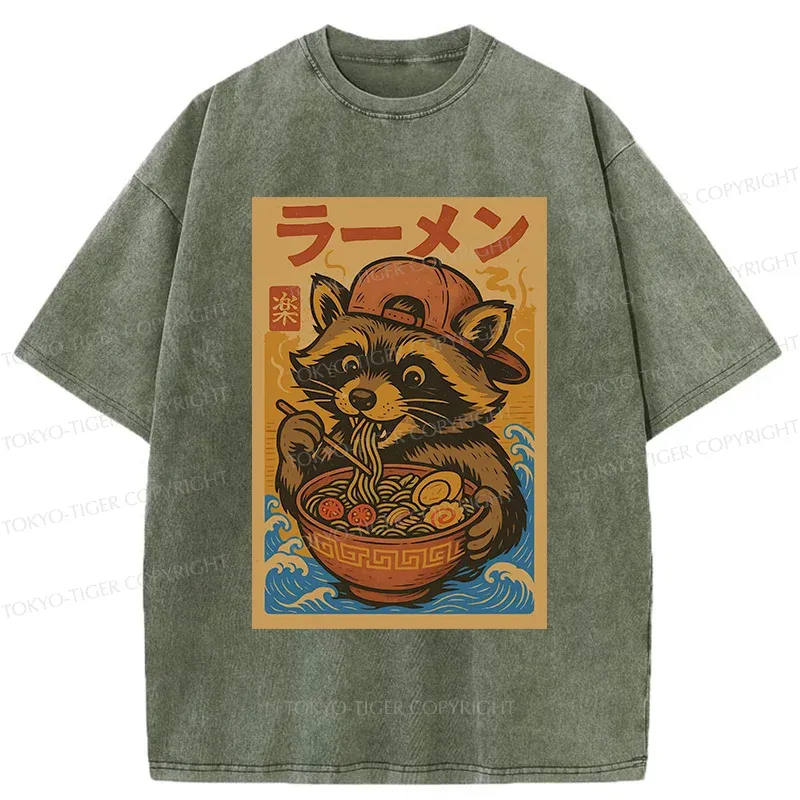 Tokyo-Tiger Cute Raccoon Eating Ramen Washed T-Shirt