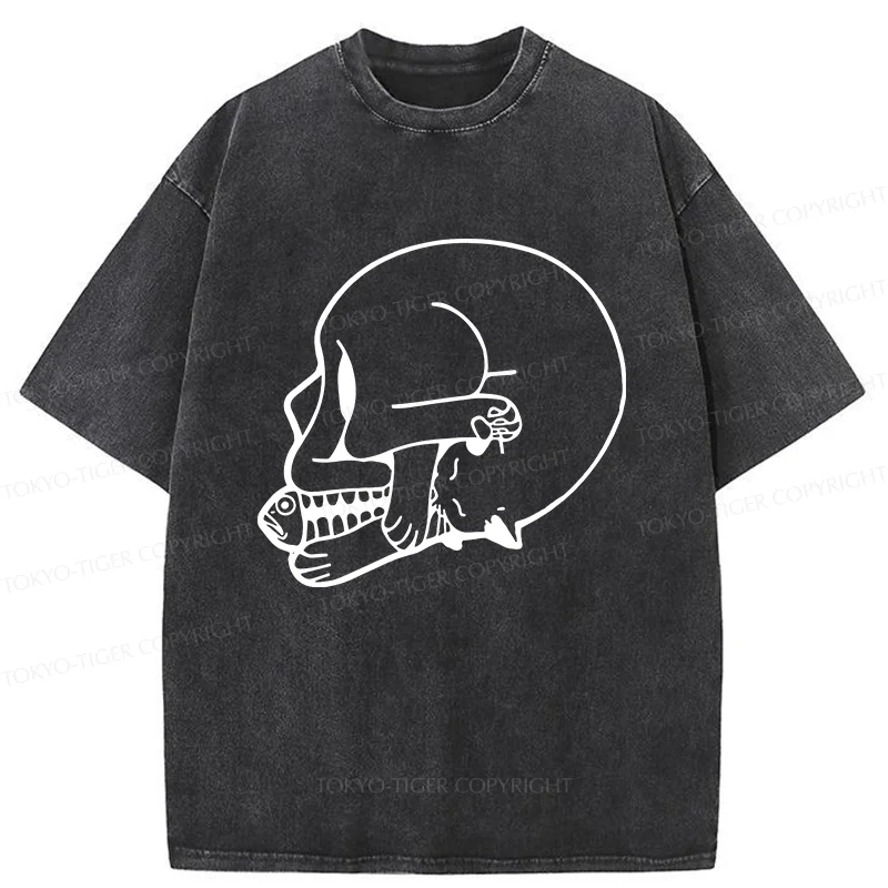 Tokyo-Tiger Funny Cat Eating Fish Washed T-Shirt