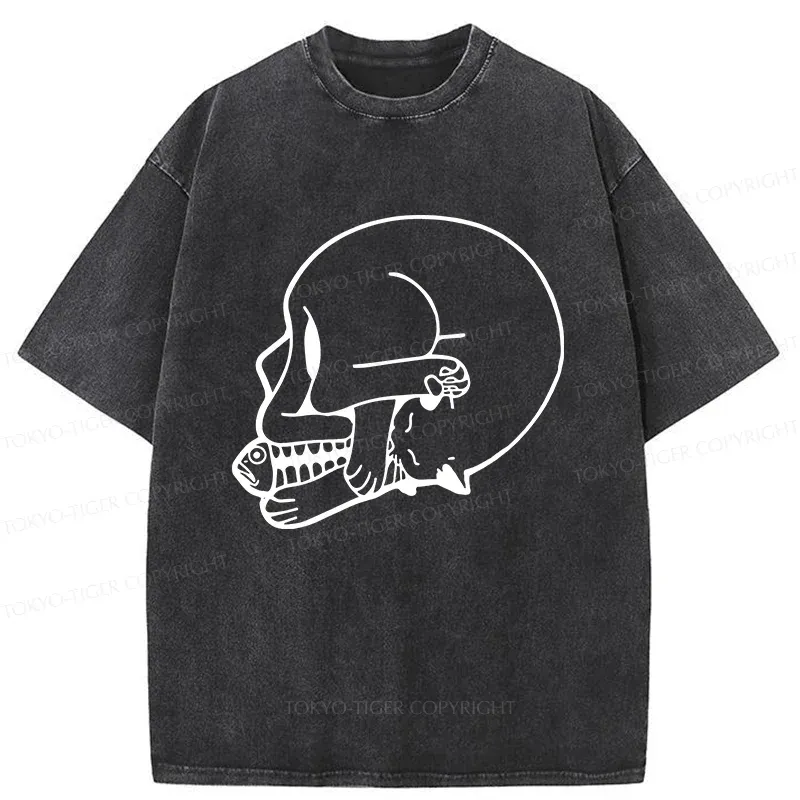 Tokyo-Tiger Funny Cat Eating Fish Washed T-Shirt