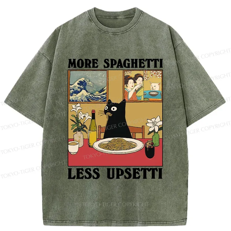 Tokyo-Tiger Cat Eating Pasta Washed T-Shirt