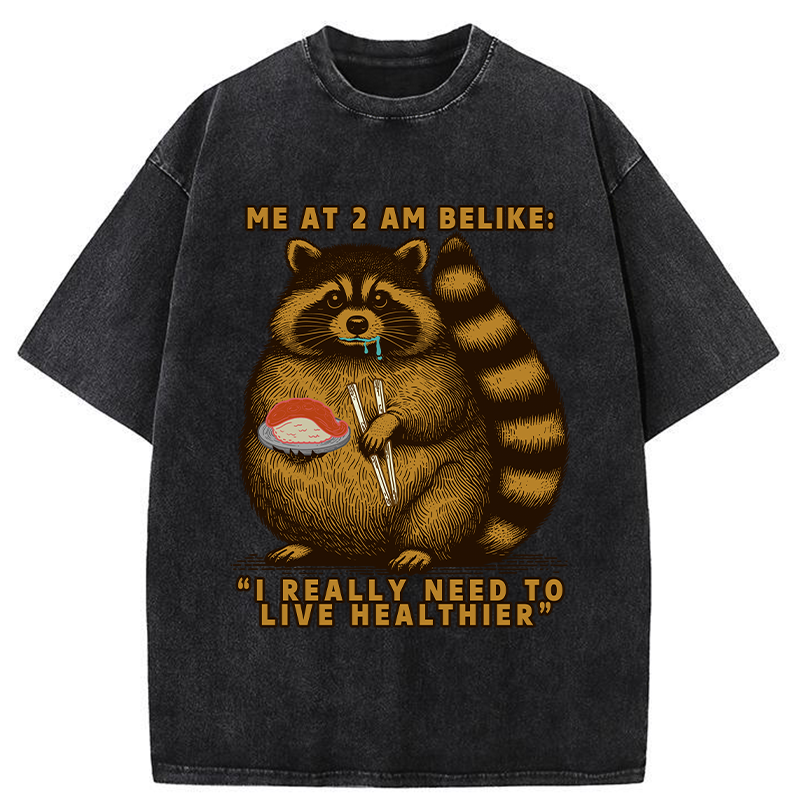 Tokyo-Tiger Fat Raccoon Eating Sushi Washed T-Shirt