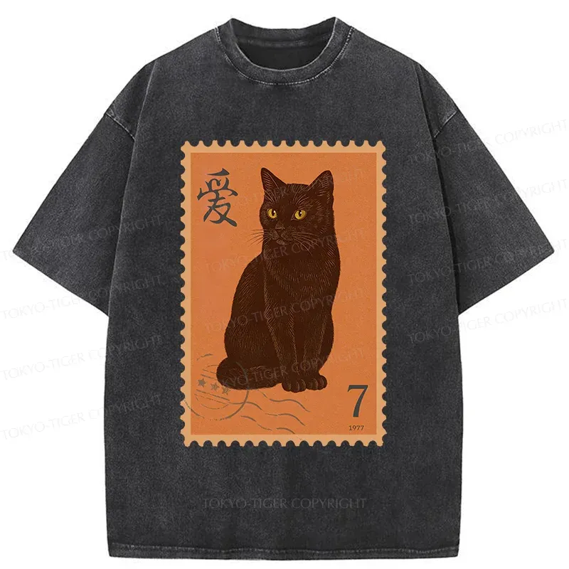 Tokyo-Tiger Cat Stamp Washed T-Shirt