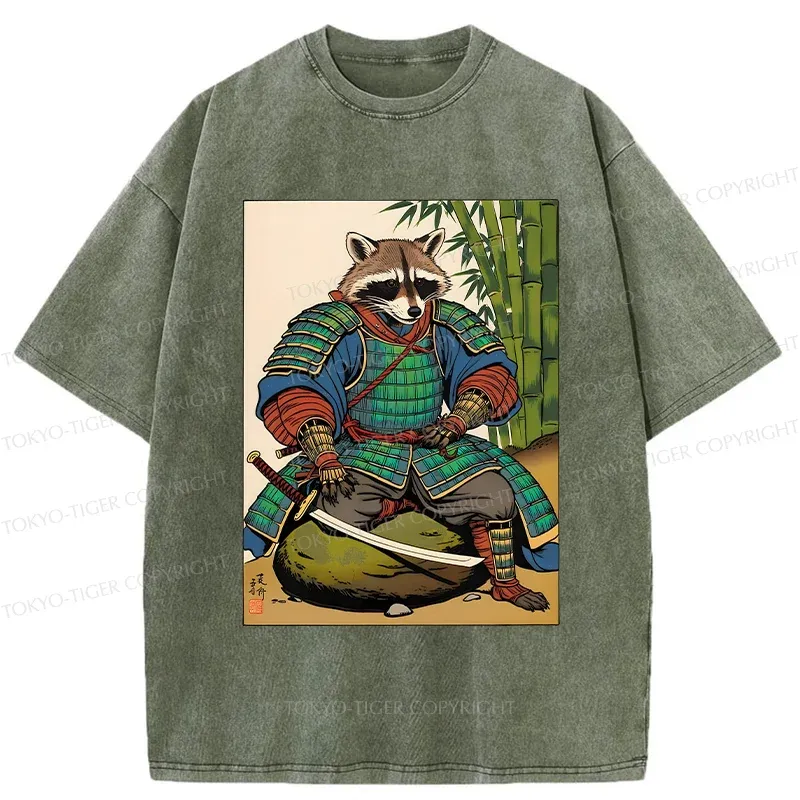 Tokyo-Tiger Raccoon Samurai Washed T-Shirt