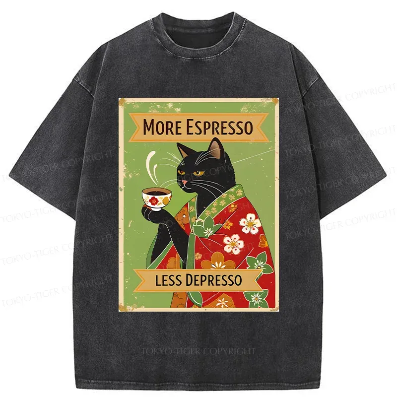 Tokyo-Tiger Cute Black Cat Drinking Coffee Washed T-Shirt