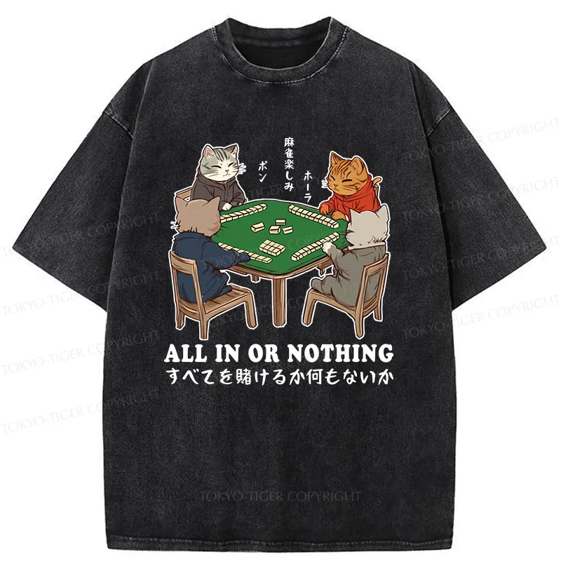 Tokyo-Tiger Cats Playing Mahjong Washed T-Shirt
