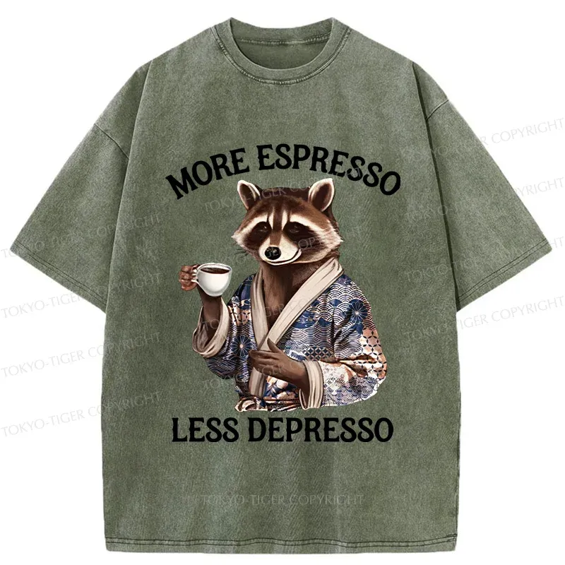 Tokyo-Tiger Raccoon Drinking Coffee Washed T-Shirt