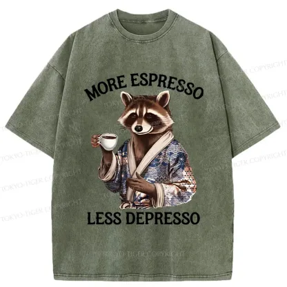 Tokyo-Tiger Raccoon Drinking Coffee Washed T-Shirt
