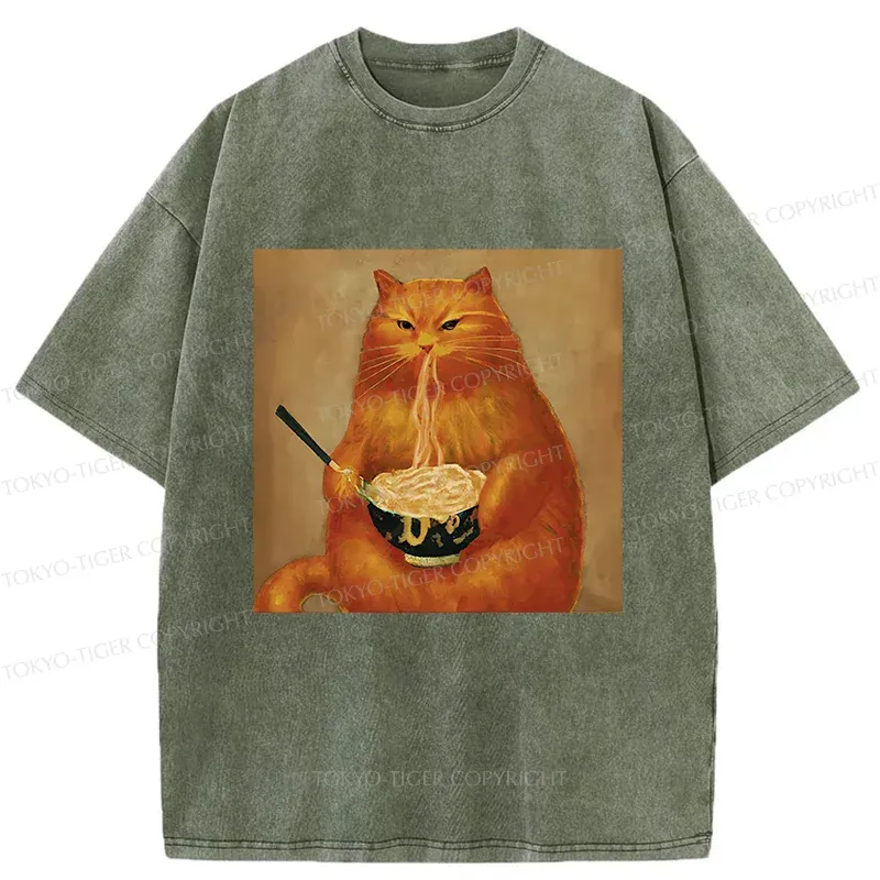 Tokyo-Tiger Cat Eating Ramen Japanese Retro Washed T-Shirt