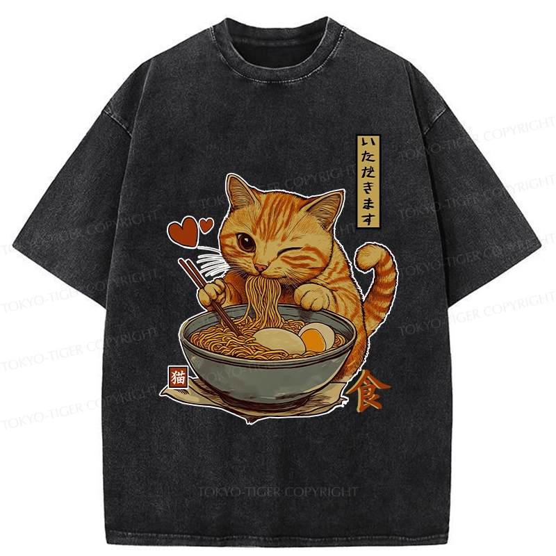 Tokyo-Tiger Cat Enjoying Eating Ramen Washed T-Shirt