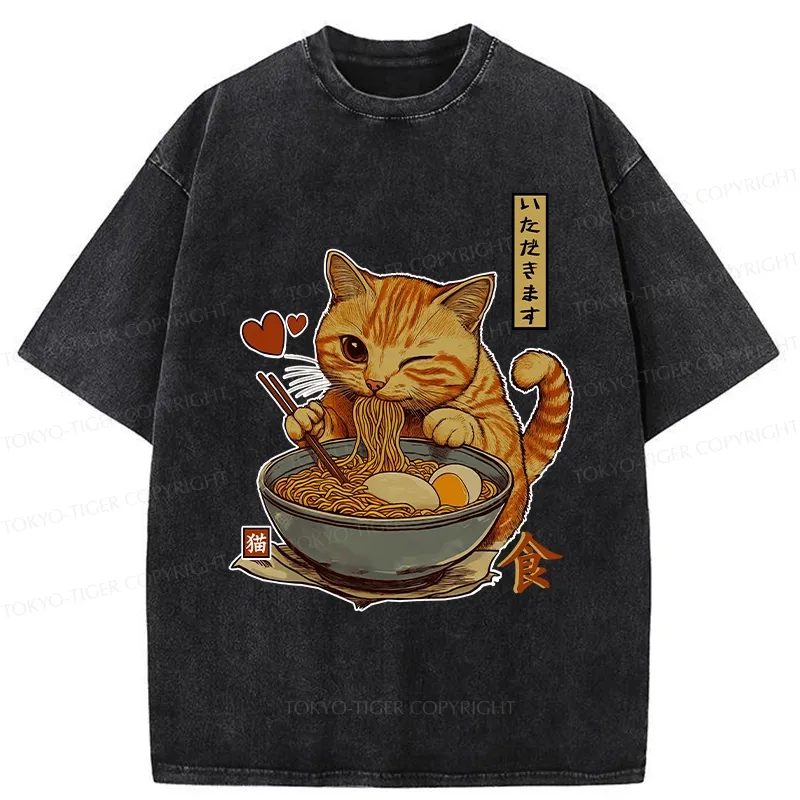 Tokyo-Tiger Cat Enjoying Eating Ramen Washed T-Shirt