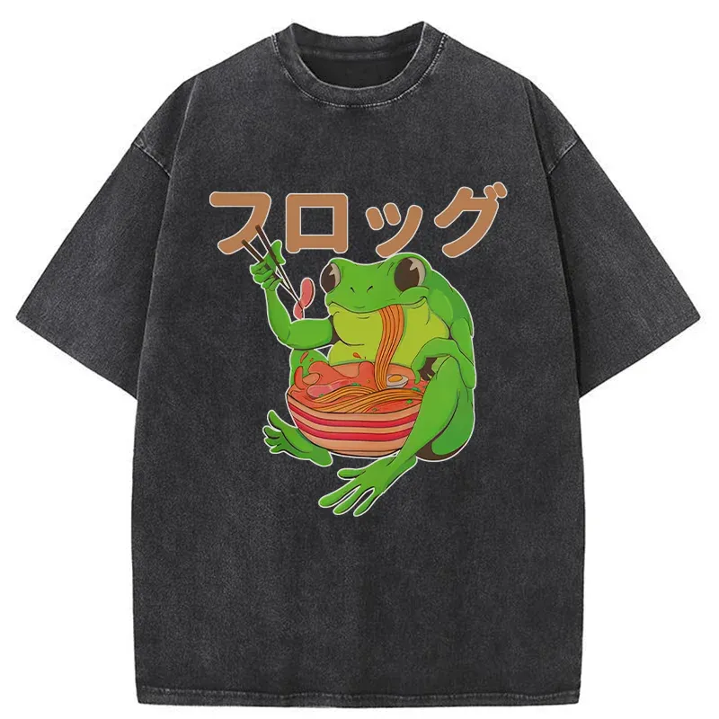 Tokyo-Tiger Frog Eating Ramen Japan Washed T-Shirt