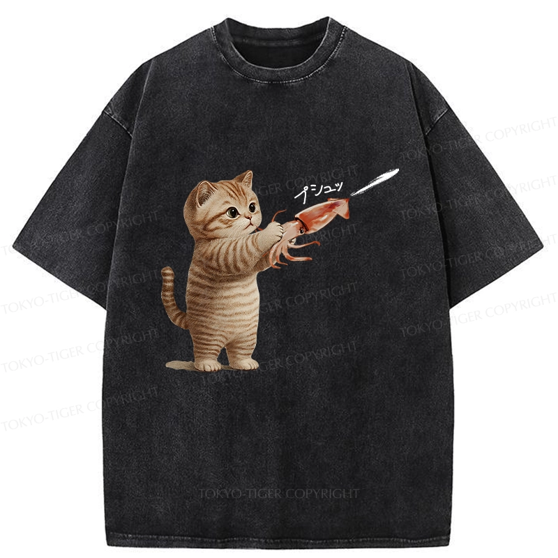 Tokyo-Tiger Funny Cat Shoots Squid Ink Washed T-Shirt