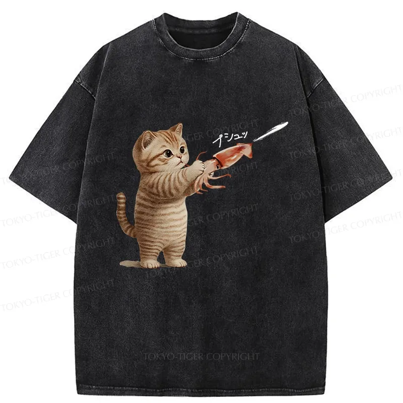 Tokyo-Tiger Funny Cat Shoots Squid Ink Washed T-Shirt