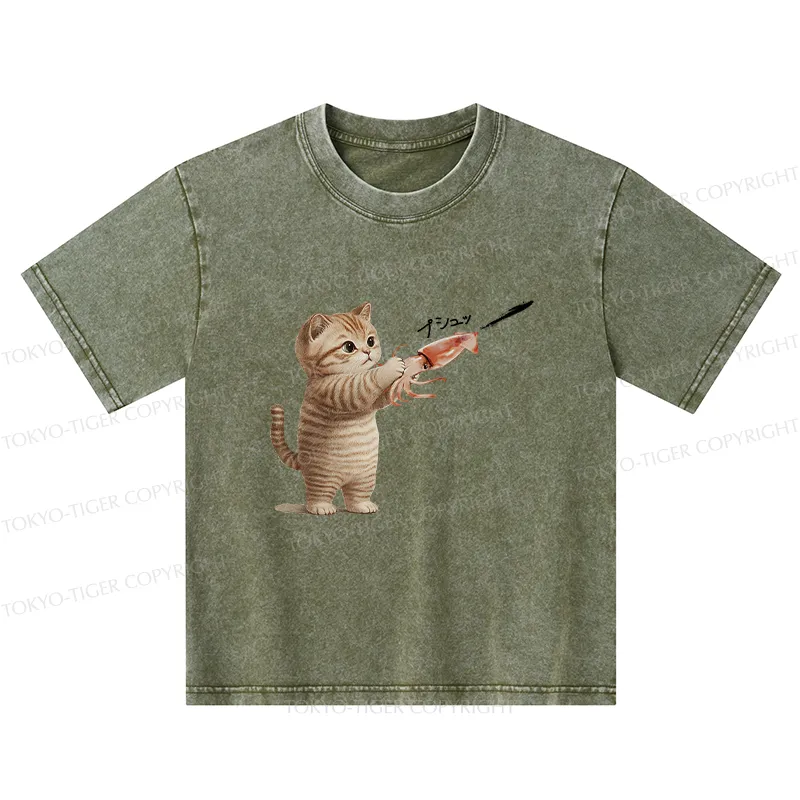 Tokyo-Tiger Funny Cat Shoots Squid Ink Washed T-Shirt
