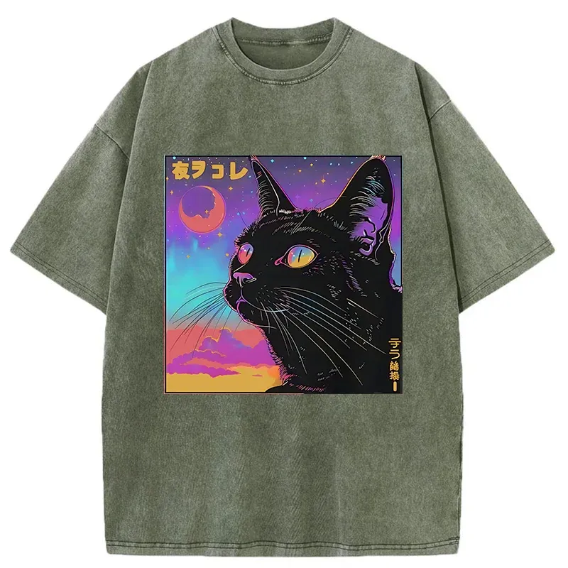 Tokyo-Tiger Cat Under The Stars Washed T-Shirt