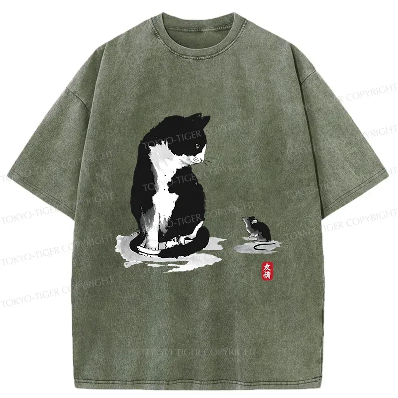 Tokyo-Tiger Cat And Mouse Friendship Washed T-Shirt