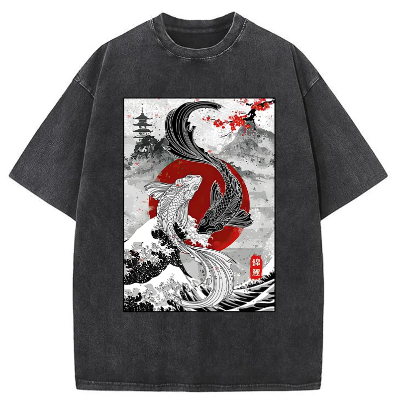 Tokyo-Tiger Koi Japanese Retro Washed T-Shirt