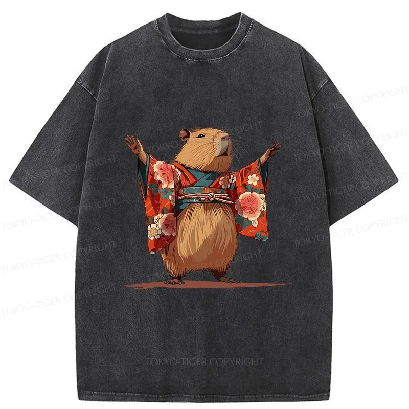 Tokyo-Tiger Capybara In Kimono Washed T-Shirt