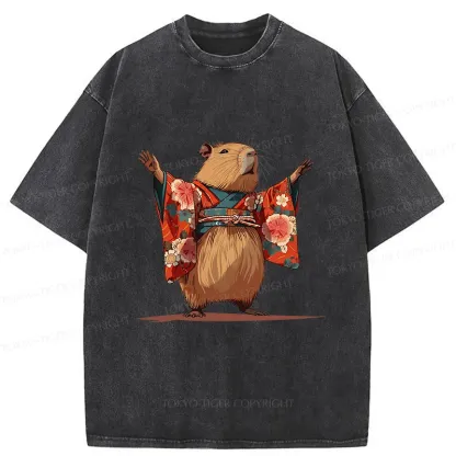 Tokyo-Tiger Capybara In Kimono Washed T-Shirt