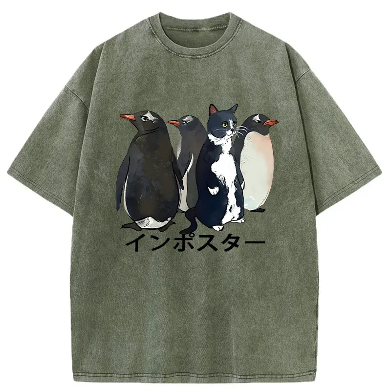 Tokyo-Tiger Imposter Among Penguins Washed T-Shirt