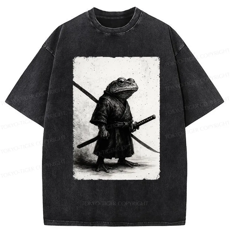 Tokyo-Tiger Retro Frog Samurai Japanese Washed T-Shirt