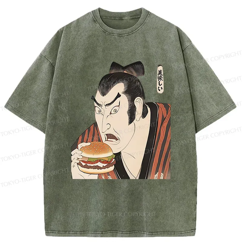 Tokyo-Tiger Japanese People Eating Hamburger Washed T-Shirt