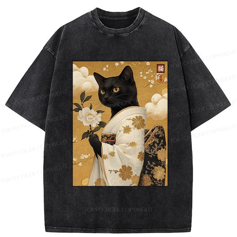 Tokyo-Tiger Retro Black Cat Holding A Flower Washed T-Shirt