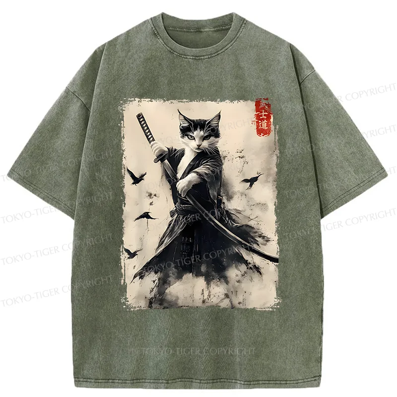 Tokyo-Tiger Retro Cat Samurai Poster Washed T-Shirt