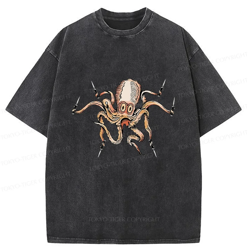 Tokyo-Tiger Octopus With Knife Washed T-Shirt