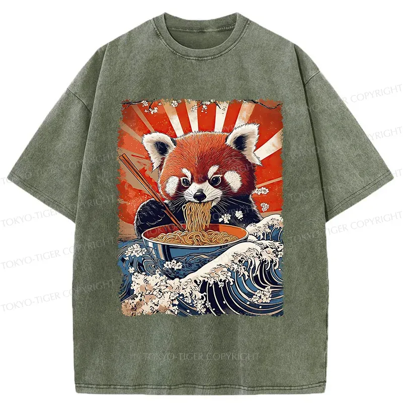 Tokyo-Tiger Red Panda Eating Ramen Washed T-Shirt